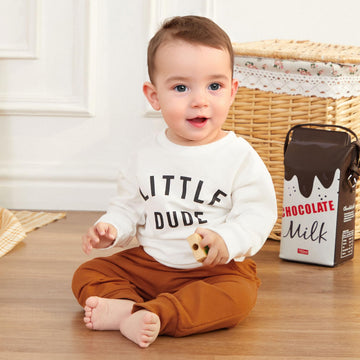 Toddler Baby Boy Fall Winter Outfits Letter Crewneck Sweatshirt Casual Pants 2Pcs Clothes Set White-Brown 12-18 Months