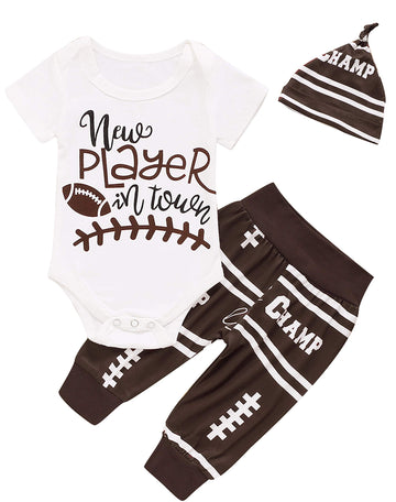 Aslaylme Newborn Baby Boy Clothes Coming Home Outfit New Player In Town Football Romper (Brown, 0-3 Months)