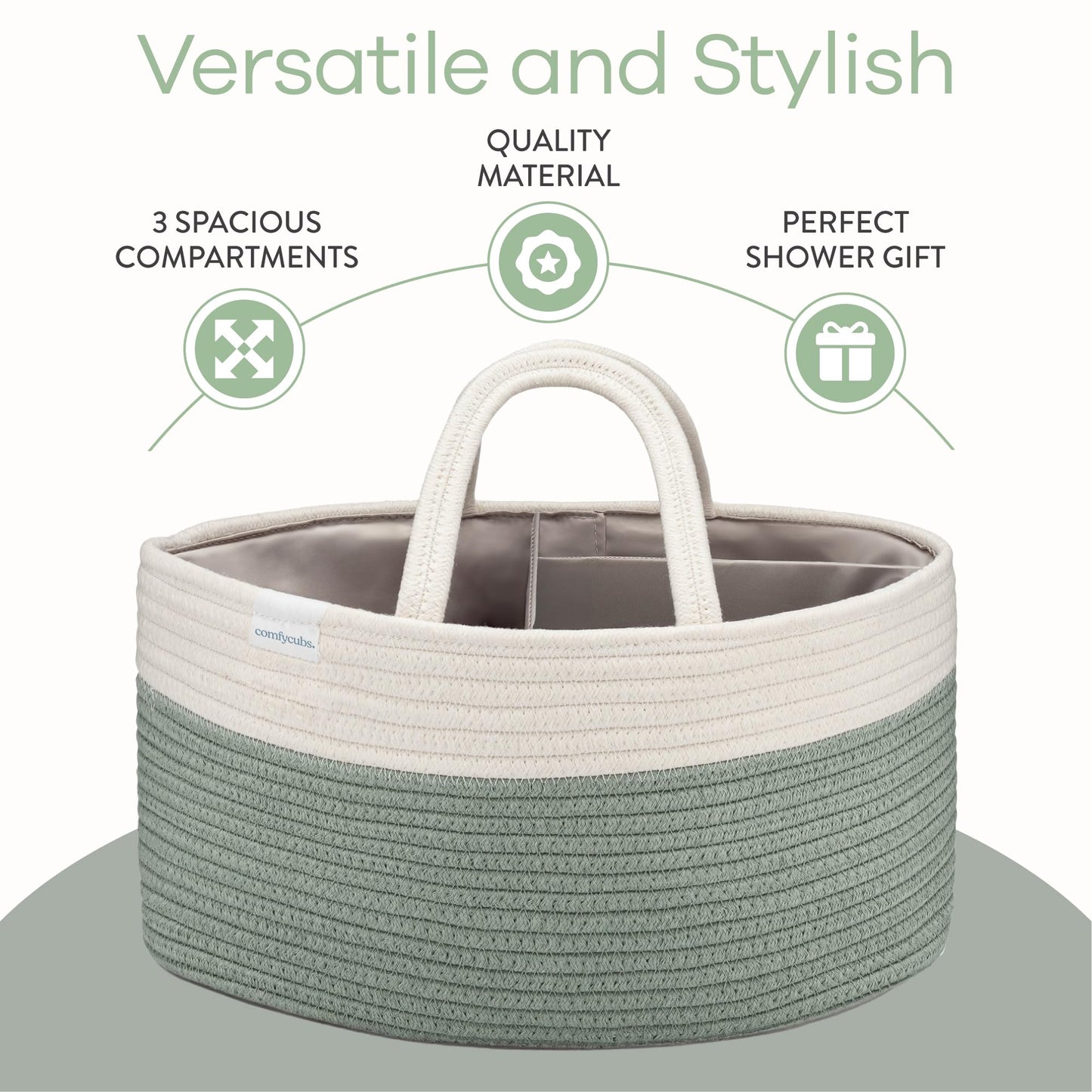 Comfy Cubs Rope Diaper Caddy Organizer 8.5' X 15' X 8' - Large Baby Diaper Basket With 3 Spacious Compartments - Stylish Cott