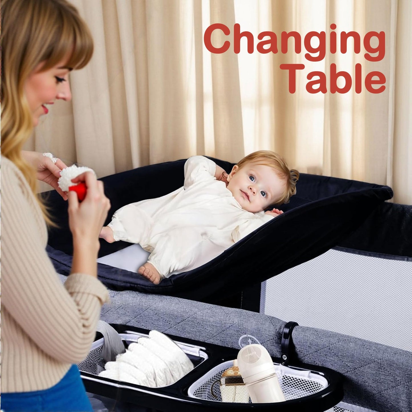 TODEFULL 4 in 1 Pack n Play, Multifunction Baby Bassinet Bedside Crib, Portable Baby Nursery Center Playard w/Baby Changing Tabl
