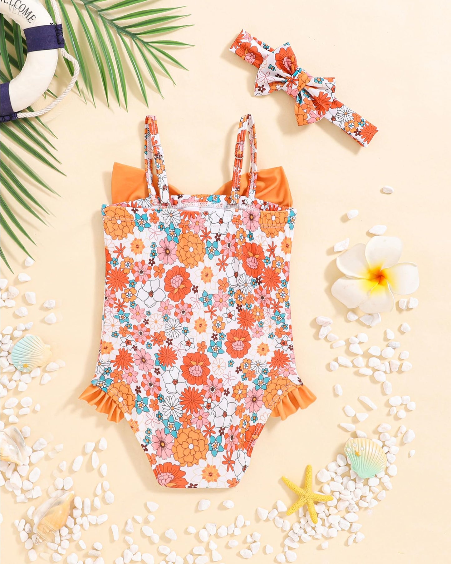 Mioglrie Toddler Baby 4T Swimsuit Girl 5T Bathing Suit Girls One Piece Swimwear Orange Floral Summer Beach Swim Suit