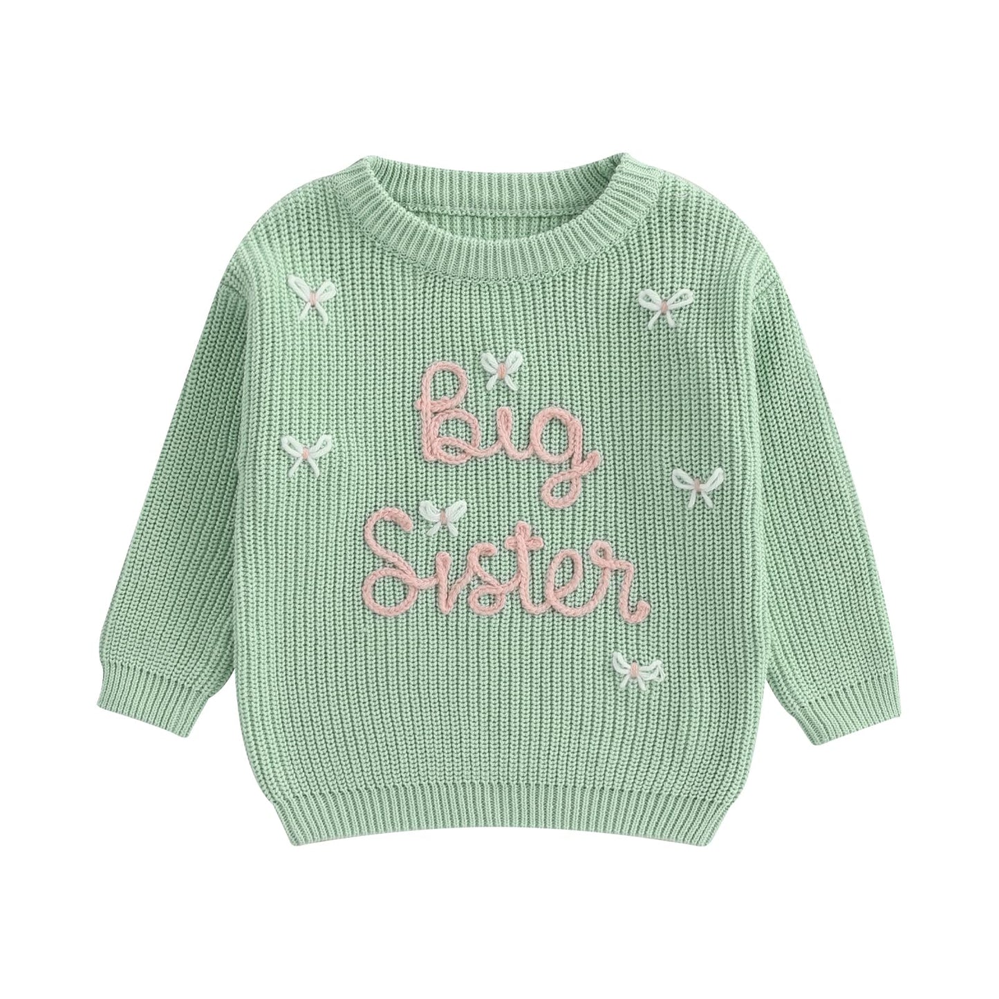 Amnnchya Toddler Infant Baby Girl Knit Sweater Big Sister Little Sister Matching Outfits Long Sleeve Pullover Sweatshirt (Green