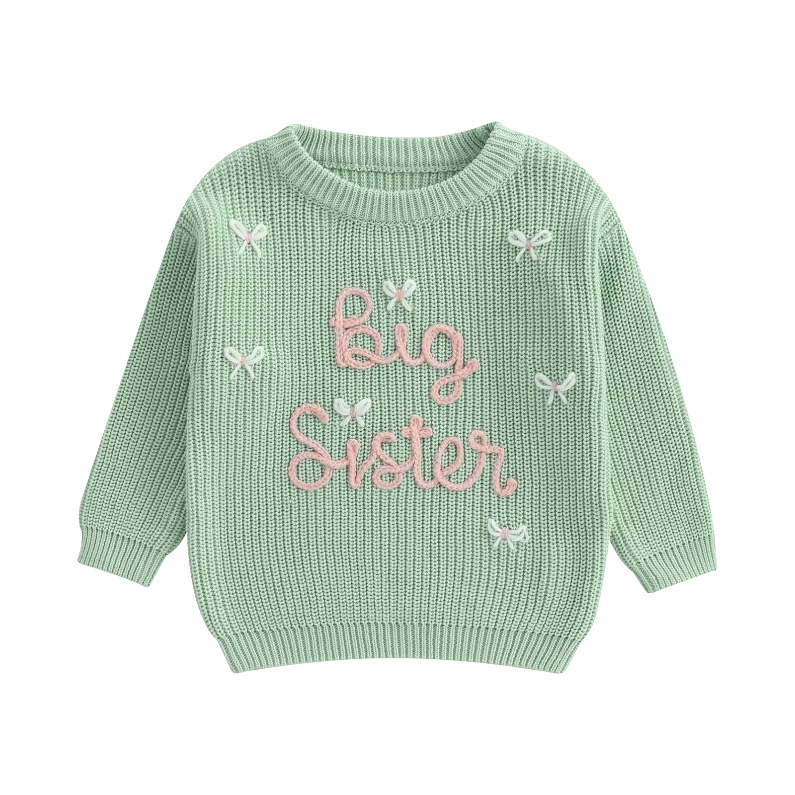 Amnnchya Toddler Infant Baby Girl Knit Sweater Big Sister Little Sister Matching Outfits Long Sleeve Pullover Sweatshirt (Green
