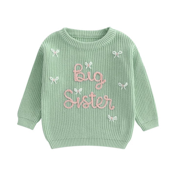Amnnchya Toddler Infant Baby Girl Knit Sweater Big Sister Little Sister Matching Outfits Long Sleeve Pullover Sweatshirt (Green