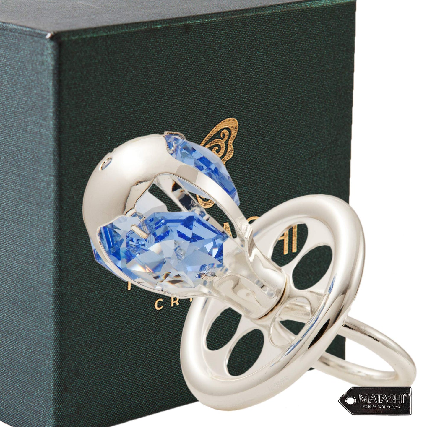 Matahi Silver Plated Crystal Studded Pacifier Ornament With Blue Crystals Baby'S First Christmas Holiday Ornament And Hanging Pe