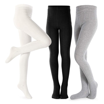 Petrass Girls Tights Toddler Cable Knit Cotton Footed Seamless Dance Ballet Baby Girls' Leggings 3 Pack Black/Ivory/Grey 3T-4T