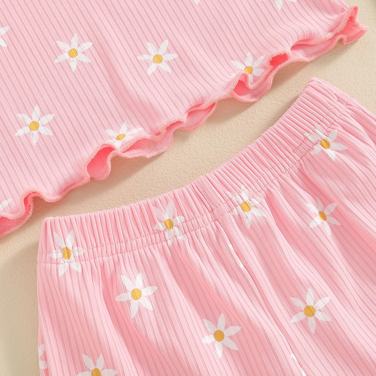 Kupretty Toddler Baby Girl Summer Clothes Ruffle Ribbed Knit Short Sleeves T-Shirt Tops + Shorts Cute Outfits Set (T-Pink Floral