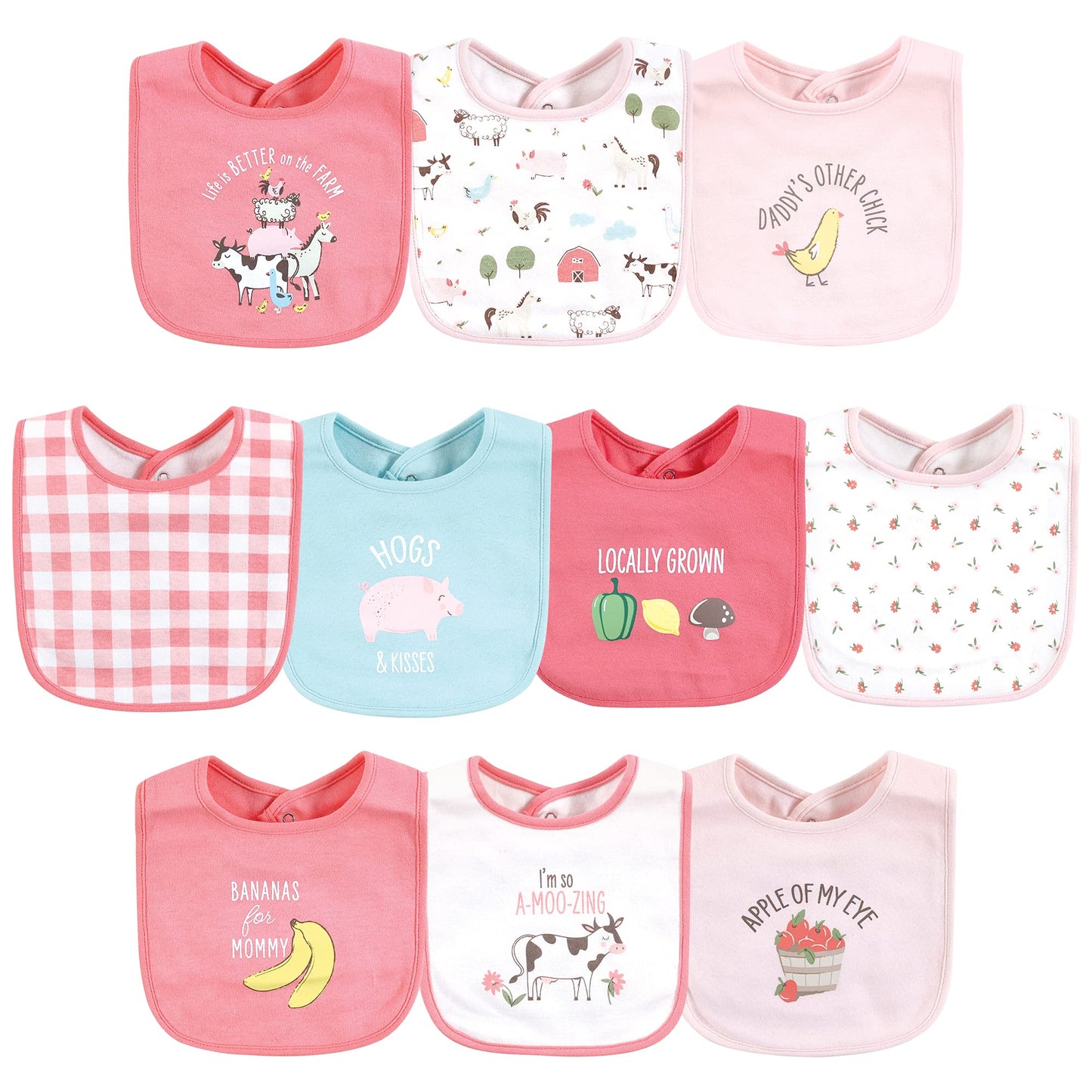 Hudson Baby Unisex Baby Cotton Bibs, Girl Farm Animals, One Size