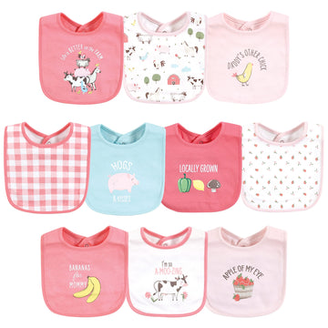 Hudson Baby Unisex Baby Cotton Bibs, Girl Farm Animals, One Size