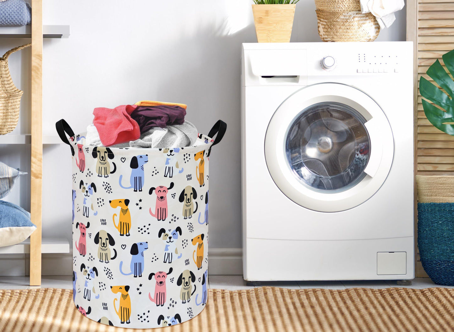 Duyiy Round Dog Pattern Laundry Hamper Laundry Basket Storage Basket Organizer Hamper Storage Bins For Clothes Toys Box Nursery