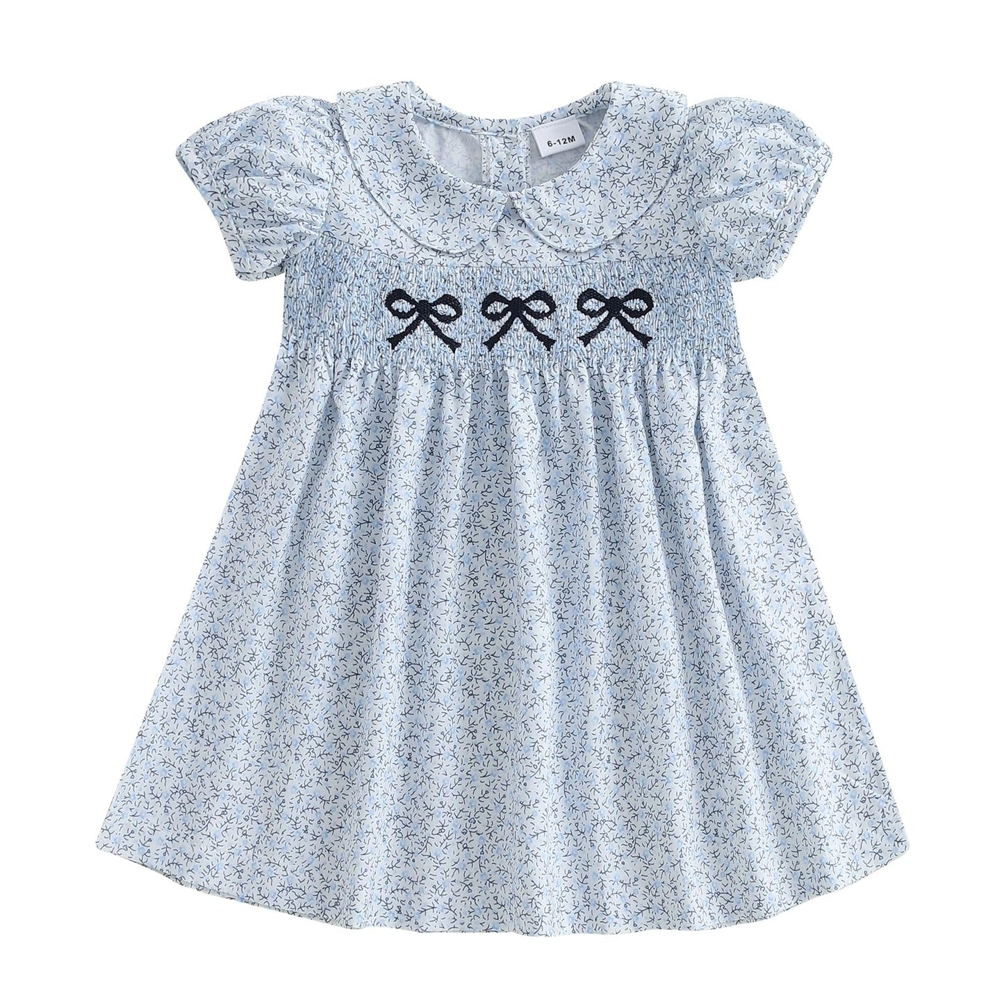 Toddler Baby Girl Dress Summer Short Sleeve Doll Collar Bow Embroidery Floral Smocked Princess Dresses Clothes (H Bow Embroidery