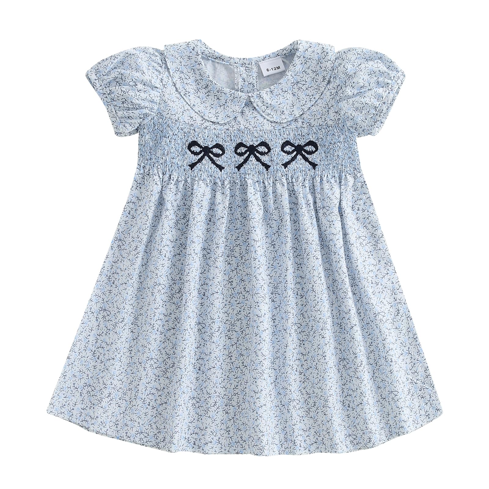 Toddler Baby Girl Dress Summer Short Sleeve Doll Collar Bow Embroidery Floral Smocked Princess Dresses Clothes (H Bow Embroidery