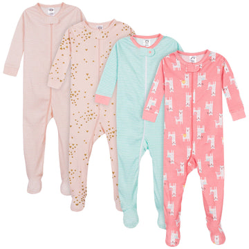 Gerber Baby Girls 4-Pack Footed Pajamas, Love Llamas Pink, 3T