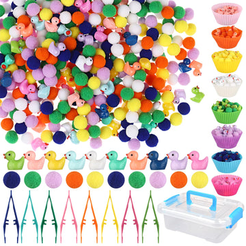 217 Pcs Duck Sensory Bin Filler Fine Motor Toys Counting Sorting 100 Felt Pompoms 100 Mini Duck Figures 8 Tweezers 8 Silicone Pl
