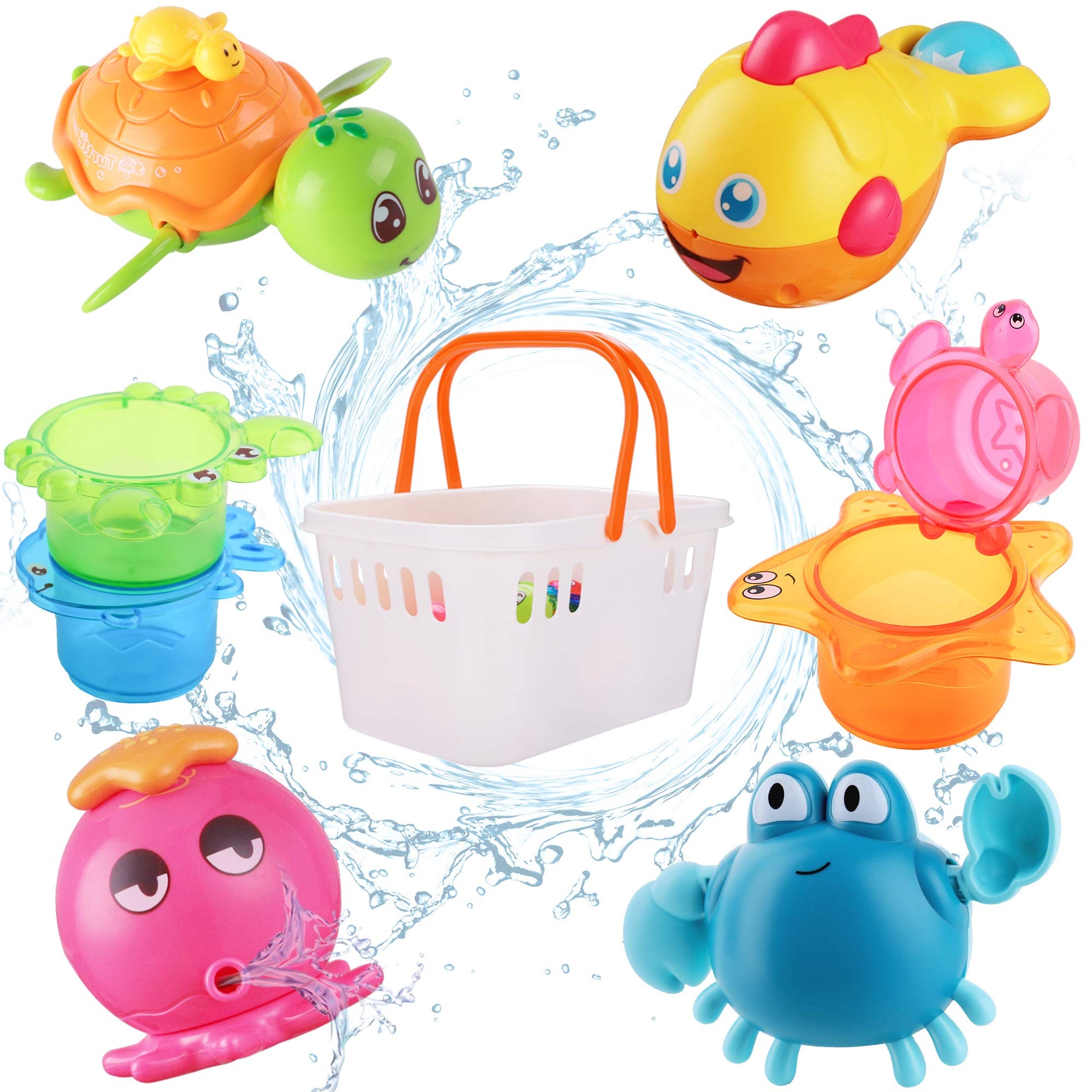 iPlay, iLearn Baby Bath Toys w/ Organizer, Water Squirting Octopus, Wind Up Swimming Turtle, Bathtub & Shower, Stacking Cups, Gi