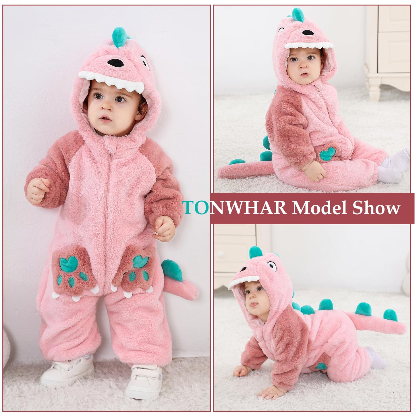 Tonwhar Kids' And Toddlers' Infant Tiger Dinosaur Animal Fancy Dress Costume Outfit Hooded Romper Jumpsuit(6-12 Months/Height:26