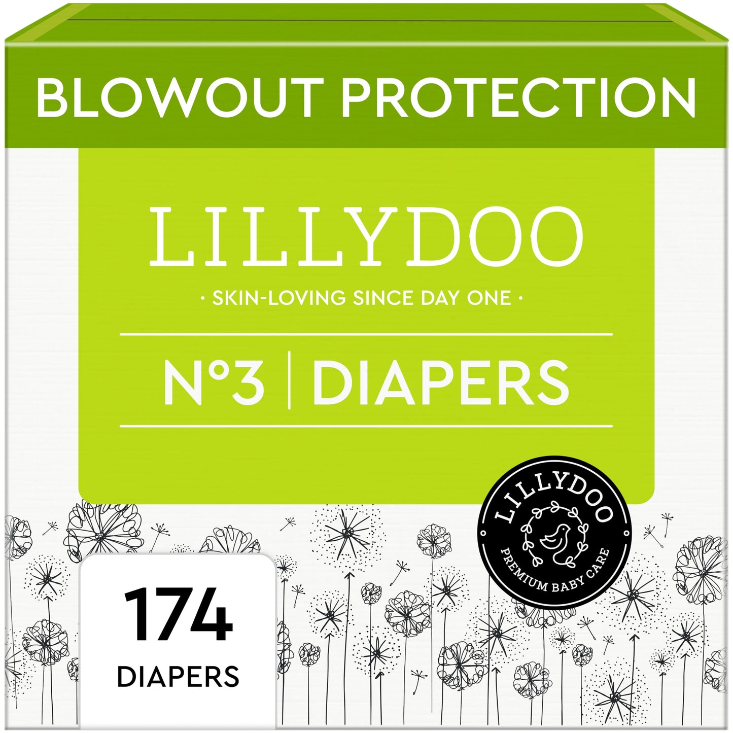 LILLYDOO Baby Diapers - Size 3 (13-22 lbs), Monthly Supply (174 Count), Leak Protection, Skin-Friendly, Ultrasoft, Perfume- & Ch