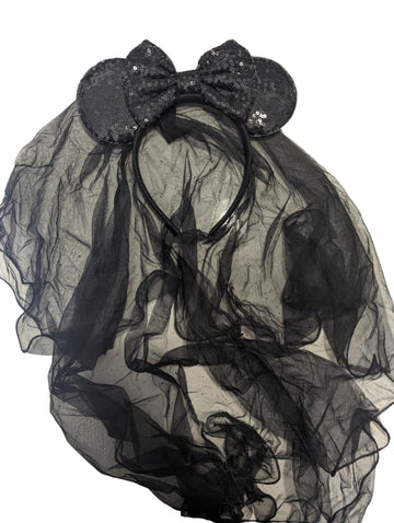 Clgift Minnie Ears Headband With Veil For Wedding, Honeymoon, And Bachelorette Party (Black & Red)