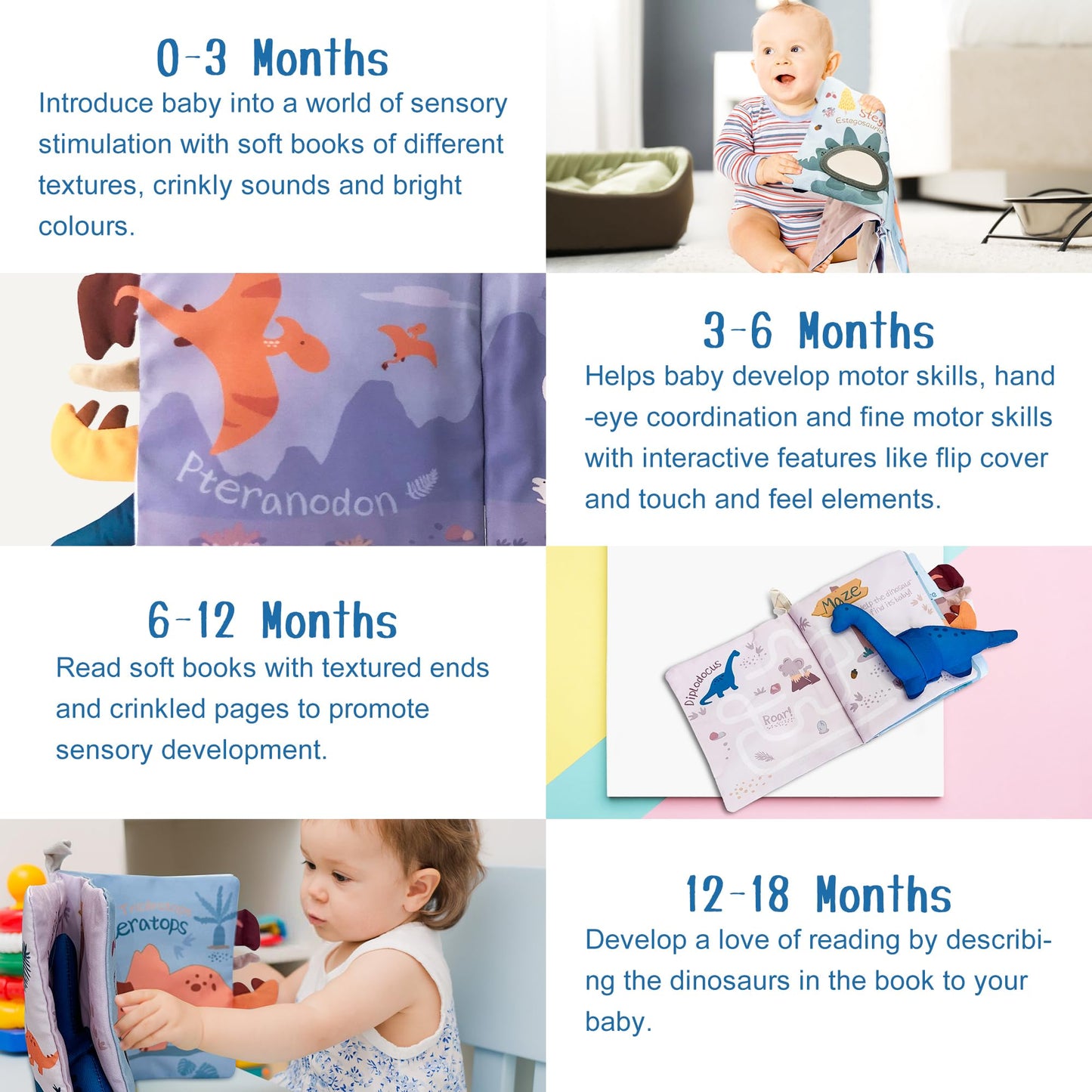 Richgv Baby Books Toys 0-6-12 Months, Baby Boy Girl Gifts Toys 0-6-12 Touch and Feel 3D Books with Dino Doll, Newborn Infant Car