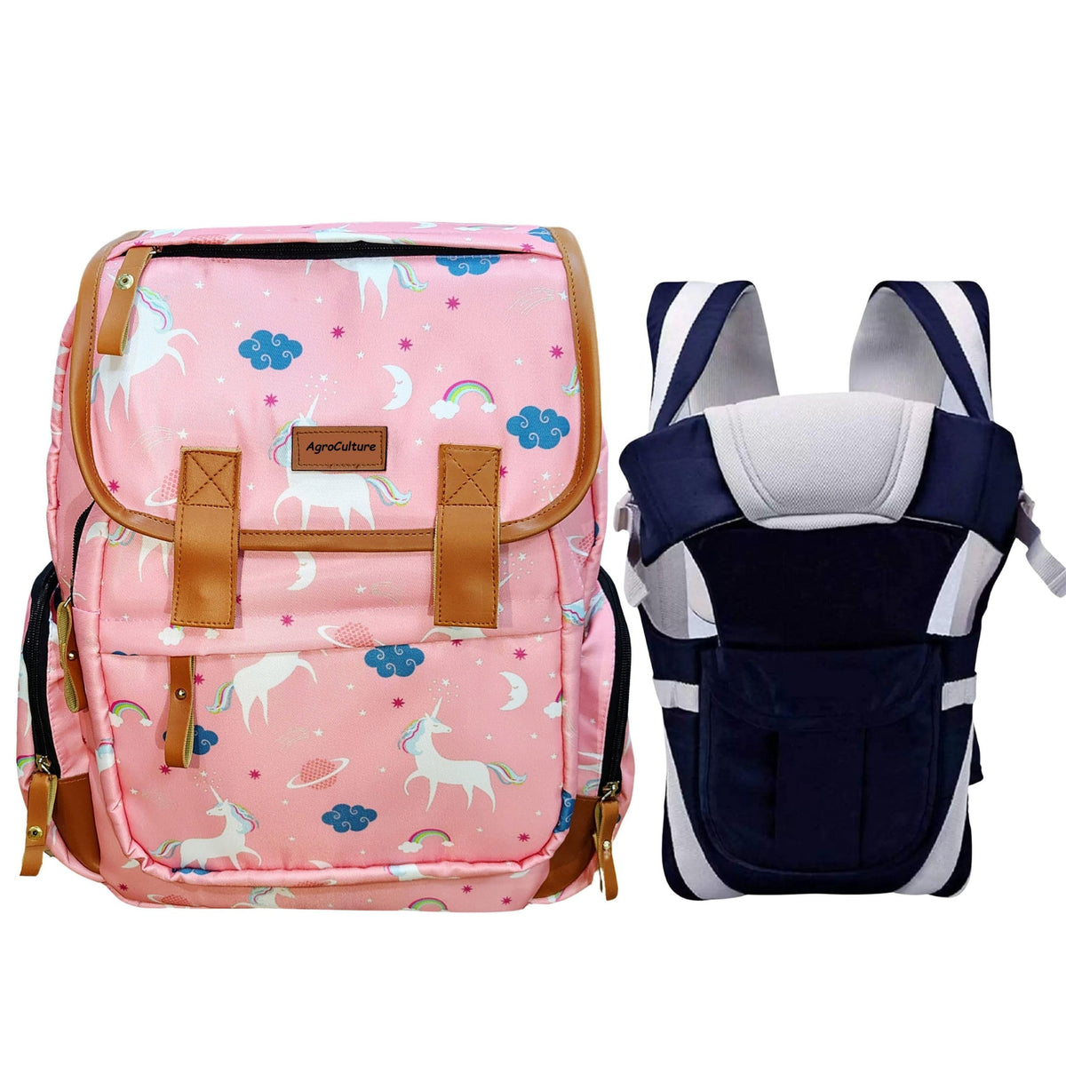 AgroCulture Diaper Backpack cum Laptop bag for kids and Working parents + Baby Carrier (Navy Blue, Unicorn) Baby Diaper Organise