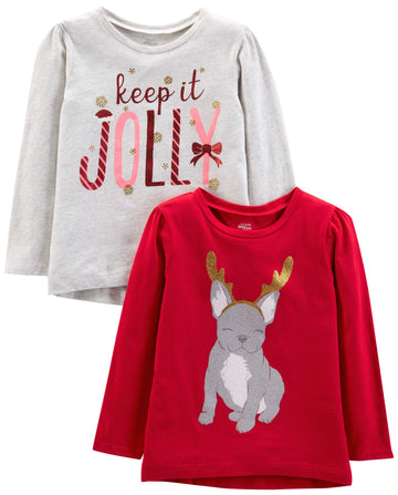Simple Joys By Carter'S Baby 2-Pack Christmas Long-Sleeve Tees, Grey Jolly/Red Dog Print, 4T