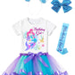 Doctor Unicorn Birthday Girls Mermaid Outfit Set Costume Tutu Skirt Dress, Mermaid Birthday Shirt, Headband & Satin Sash (Blue M