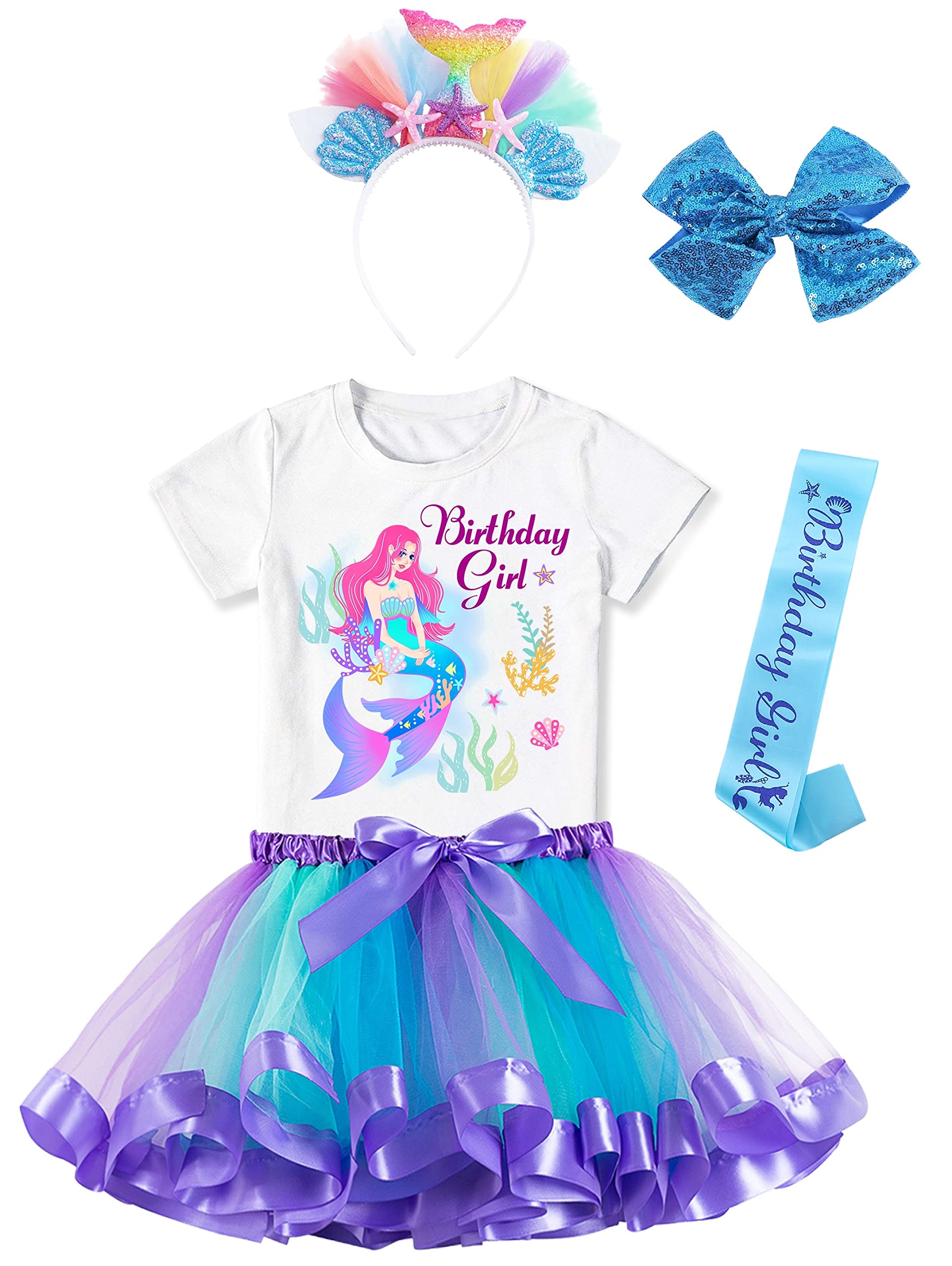Doctor Unicorn Birthday Girls Mermaid Outfit Set Costume Tutu Skirt Dress, Mermaid Birthday Shirt, Headband & Satin Sash (Blue M