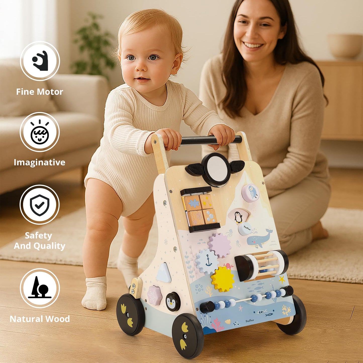 PairPear Wooden Baby Walker, Baby Push Walker Activity Center Toys,Montessori Walker Toy with Shape Sorter, Adjustable Speed Act