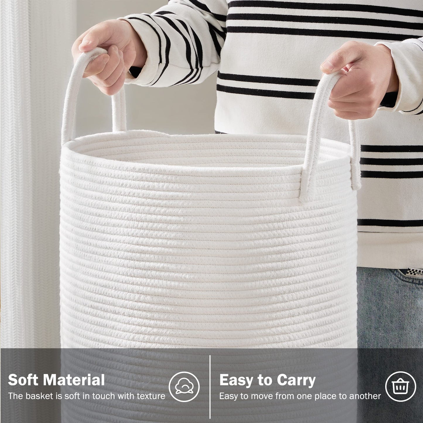 Woven Rope Laundry Hamper Basket By Youdenova, 58L Tall Laundry Basket, Baby Nursery Hamper For Blanket Storage, Clothes Hamper