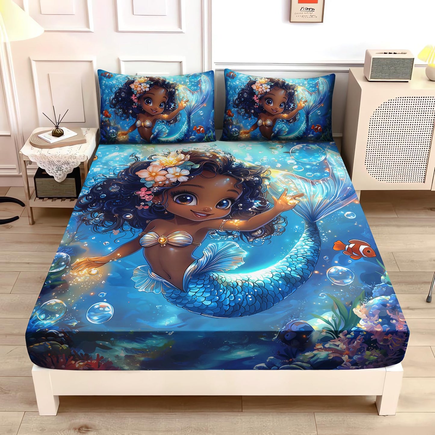 UEVBF Princess Bedding Black Little Mermaid Pattern Queen Fitted Sheet Set,Underwater World Ocean Themed Bedding Sets for Kids T