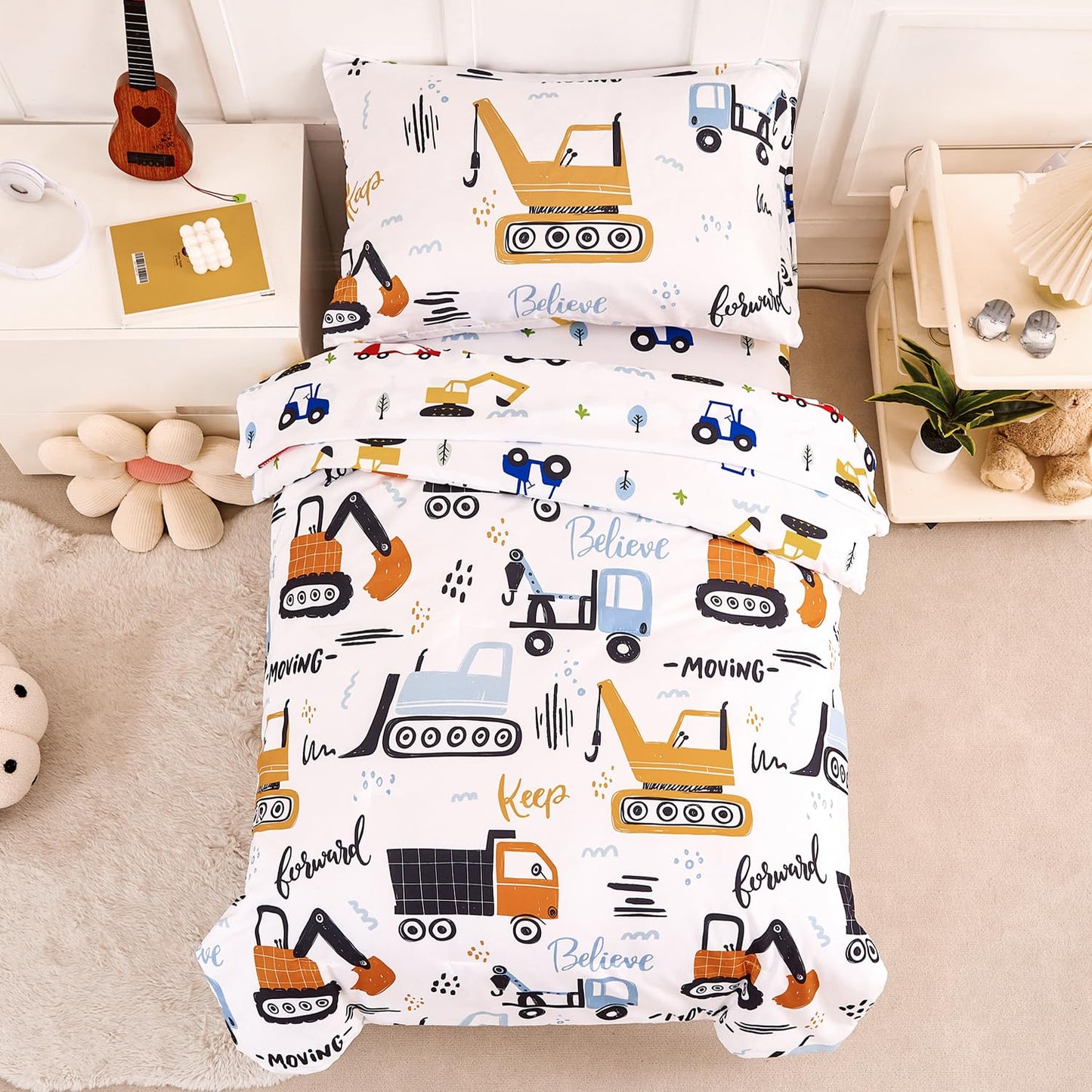 Perfemet 4 Piece Toddler Bedding Set For Boys Car Printed Toddler Comforter Set With Sheets Reversible Cartoon Tractors Kids Bed