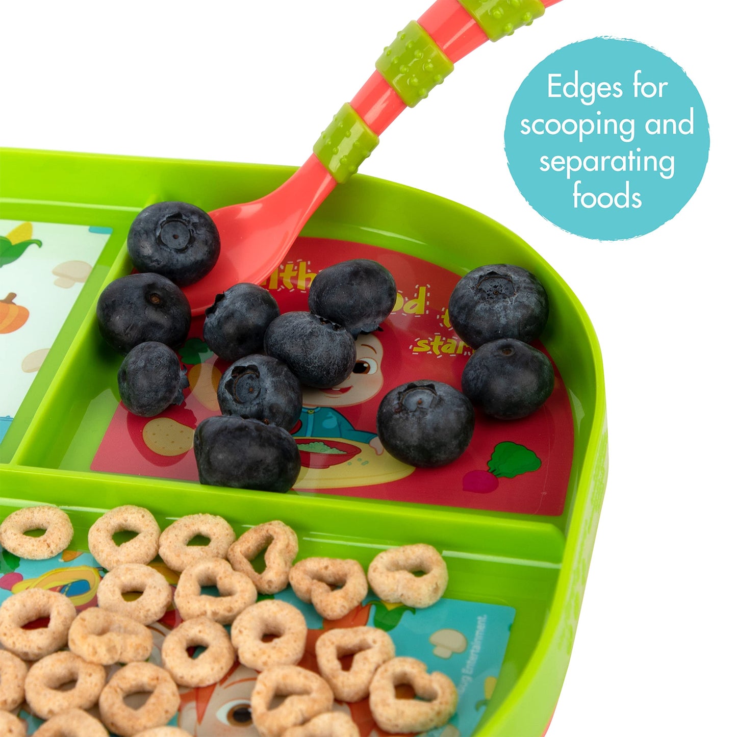 The First Years Cocomelon Toddler Dinnerware Set - Plastic Dinnerware Set And Toddler Utensils - 2 Reversible Baby Plates And 4
