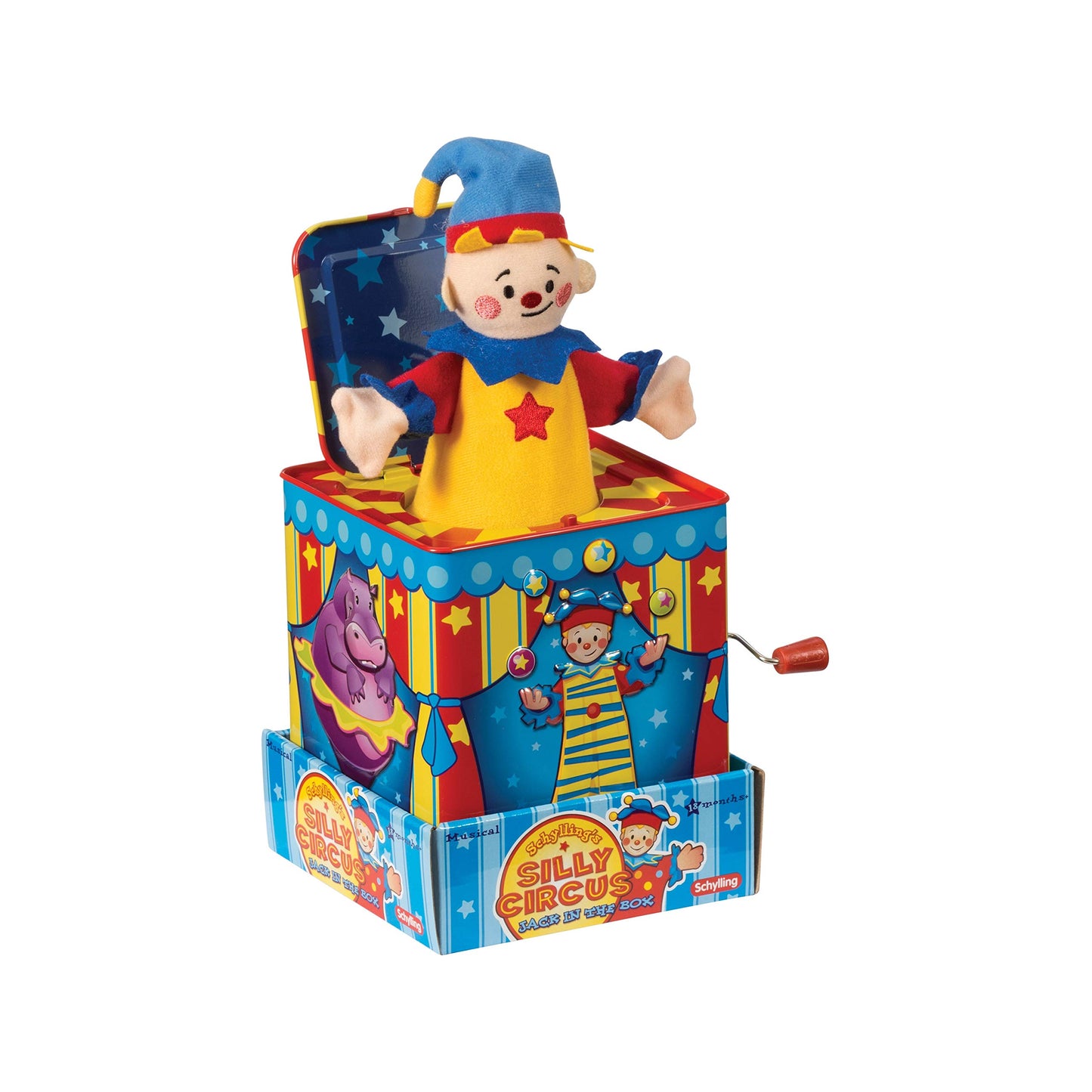 Schylling Silly Circus Jack in the Box - Classic Childrens Musical Toy - Colorful Embossed Tin Box and Friendly Plush - Age 18