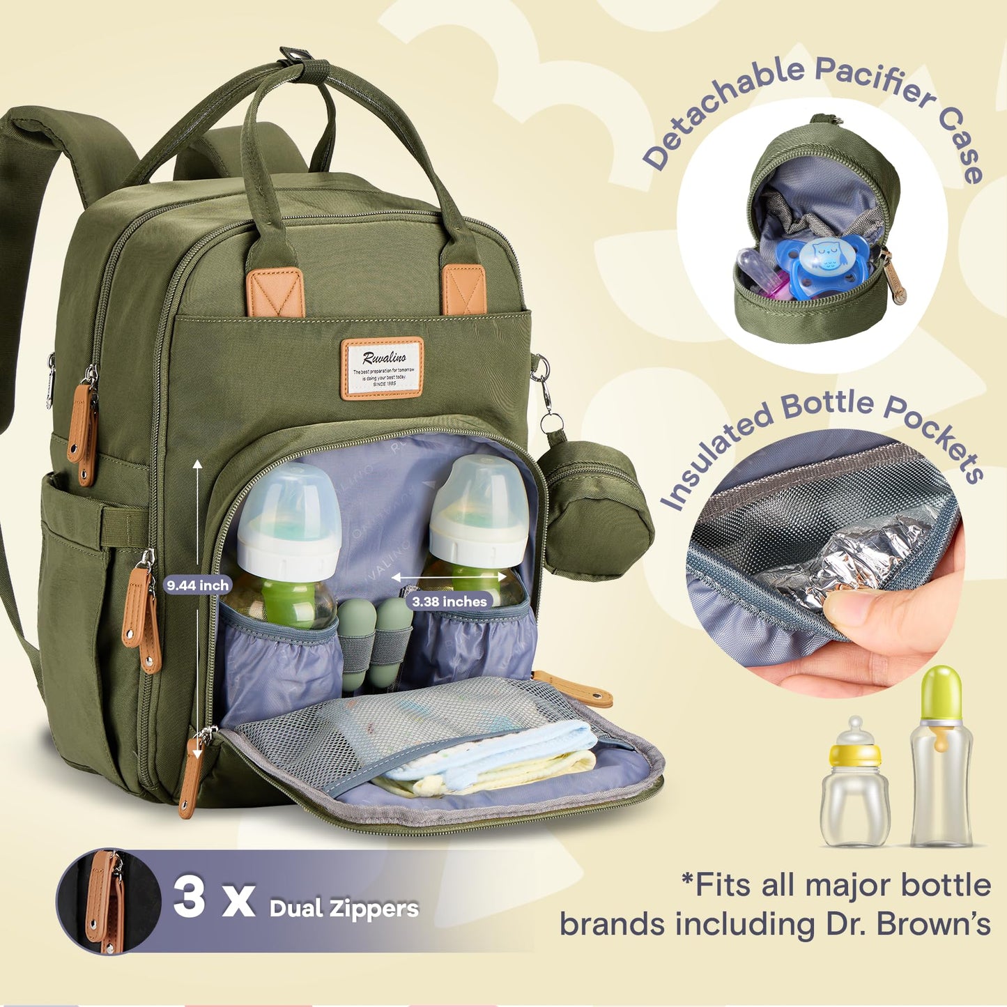 Ruvalino Diaper Bag Backpack, Multifunction Travel Pack Maternity Baby Changing Bags, Large Capacity, Waterproof, Gray Xl