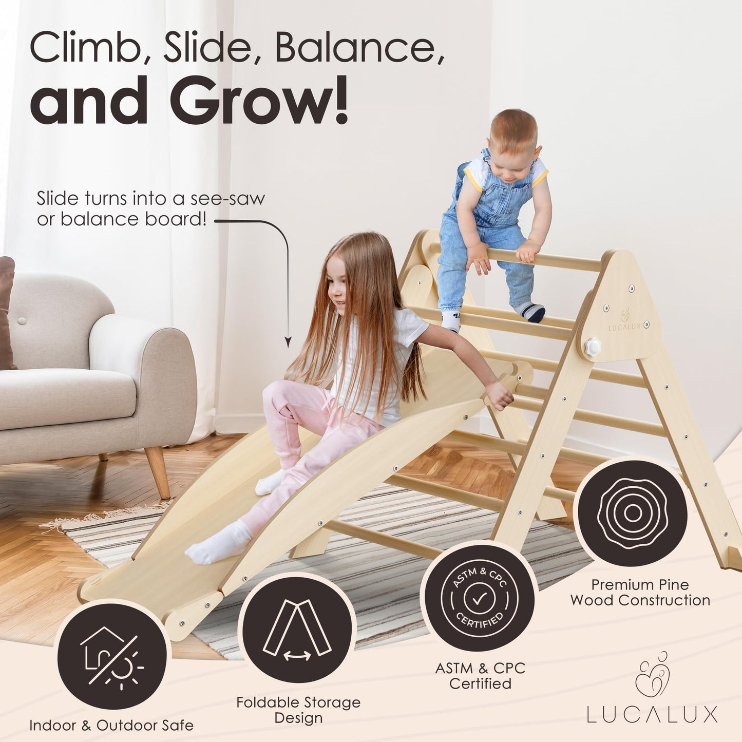 6 In 1 Toddler Climbing Toys Indoor - Safe Montessori Climbing Set With Foldable Pikler Triangle Ladder, Reversible Baby Climber