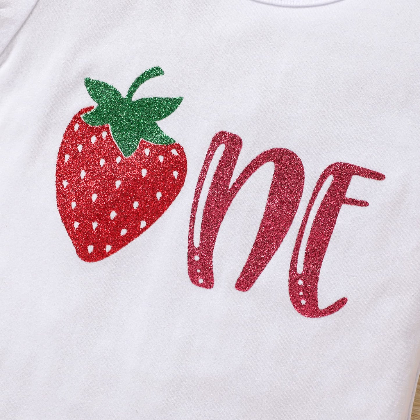 Grnshts Baby Girl Birthday Clothes One Letter Short Sleeve Romper+Strawberry Print Flared Pants+Headband 3Pcs Cake Smash Outfits