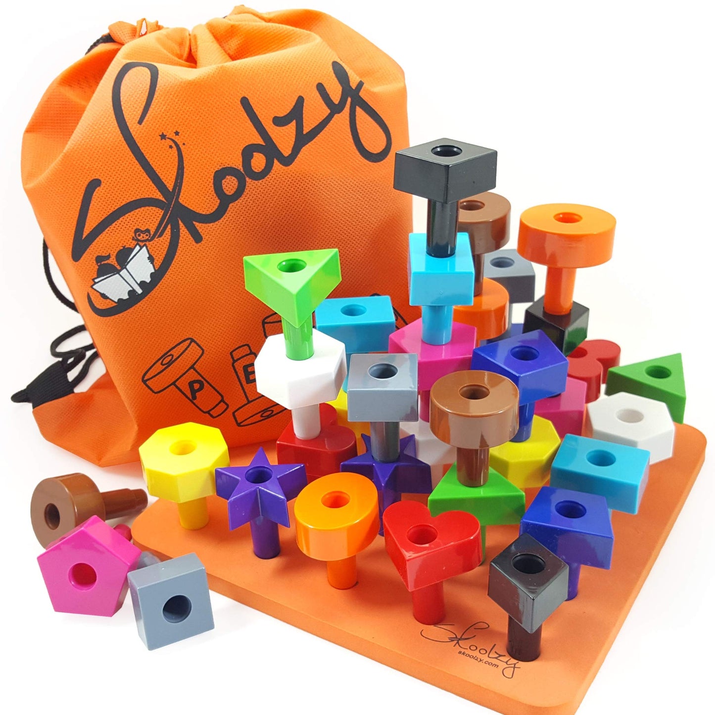 Skoolzy Toddler Peg Board 38 pcs - Pegboard for Toddlers - Stacking Peg Board - Montessori Learning Toys for Toddlers 2+