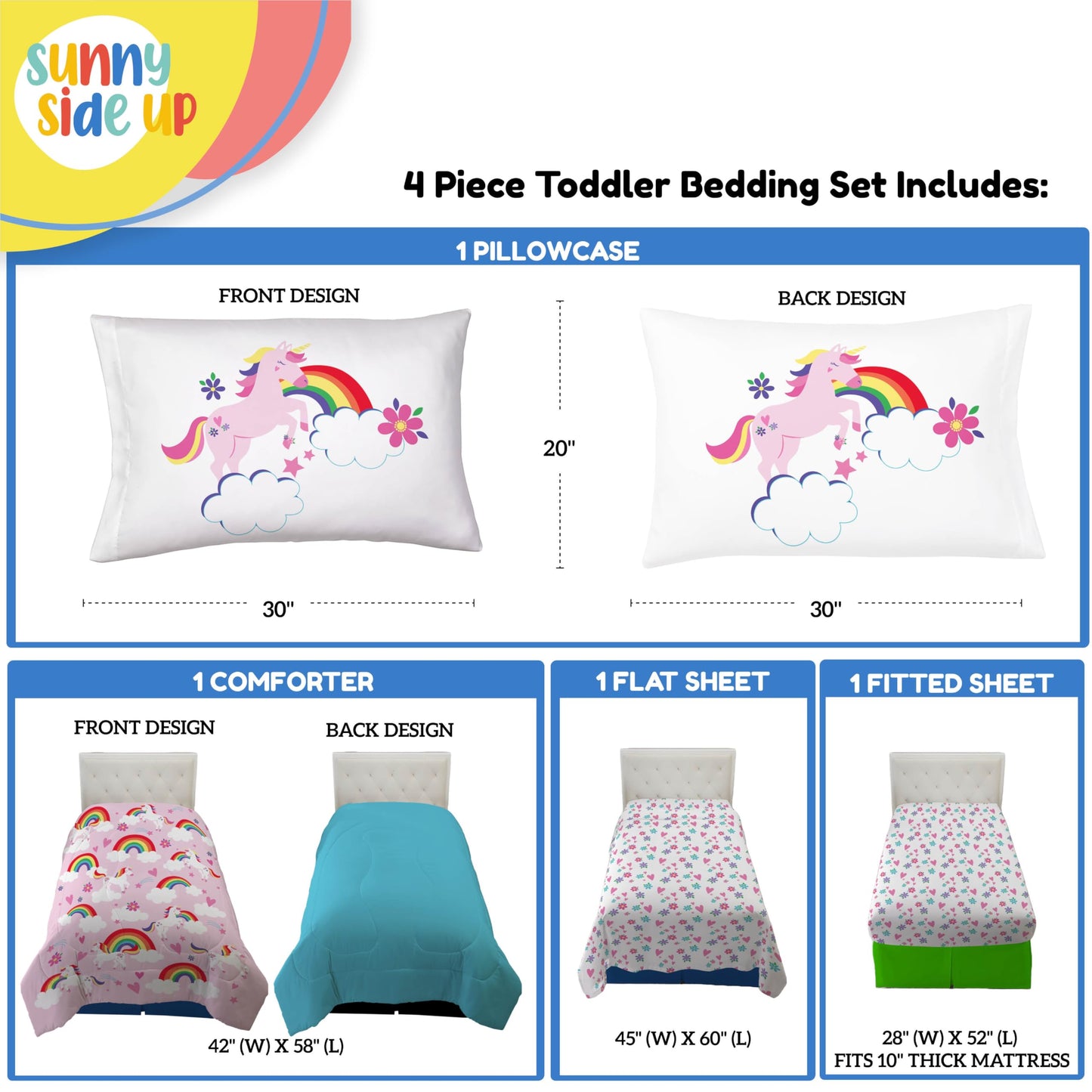 Sunny Side Up Rainbow Unicorns Toddler Comforter Set - 4 Piece Preschool Bedding Includes Comforter, Sheets & Pillow Cover - Sup