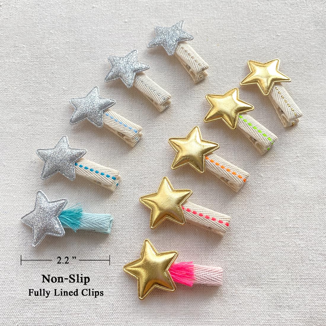 Golden And Silver Stars Hair Clips With Tassels For Girls, 10Pcs Non Slip Cotton Fully Lined Hair Pins Accessories For Babies In