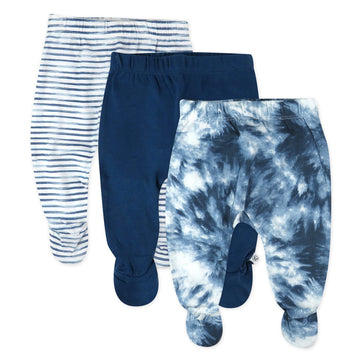 Honestbaby Unisex Baby 3-Pack Footed Roomy Fit Pull On Bottoms 100% Organic Cotton For Infant Boys, Girls, Pants, Tie Dye Blues,