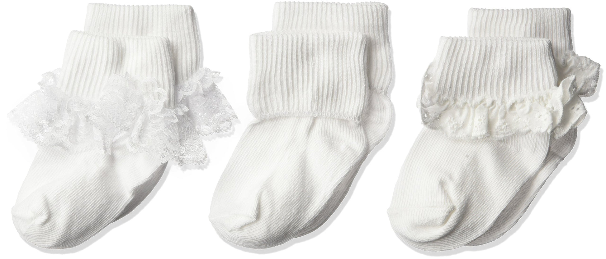 Jefferies Socks Baby Girls Eyelet Lace/Turn Cuff/Fancy Lace 3 Pack Socks, White, 12-24 Months Us