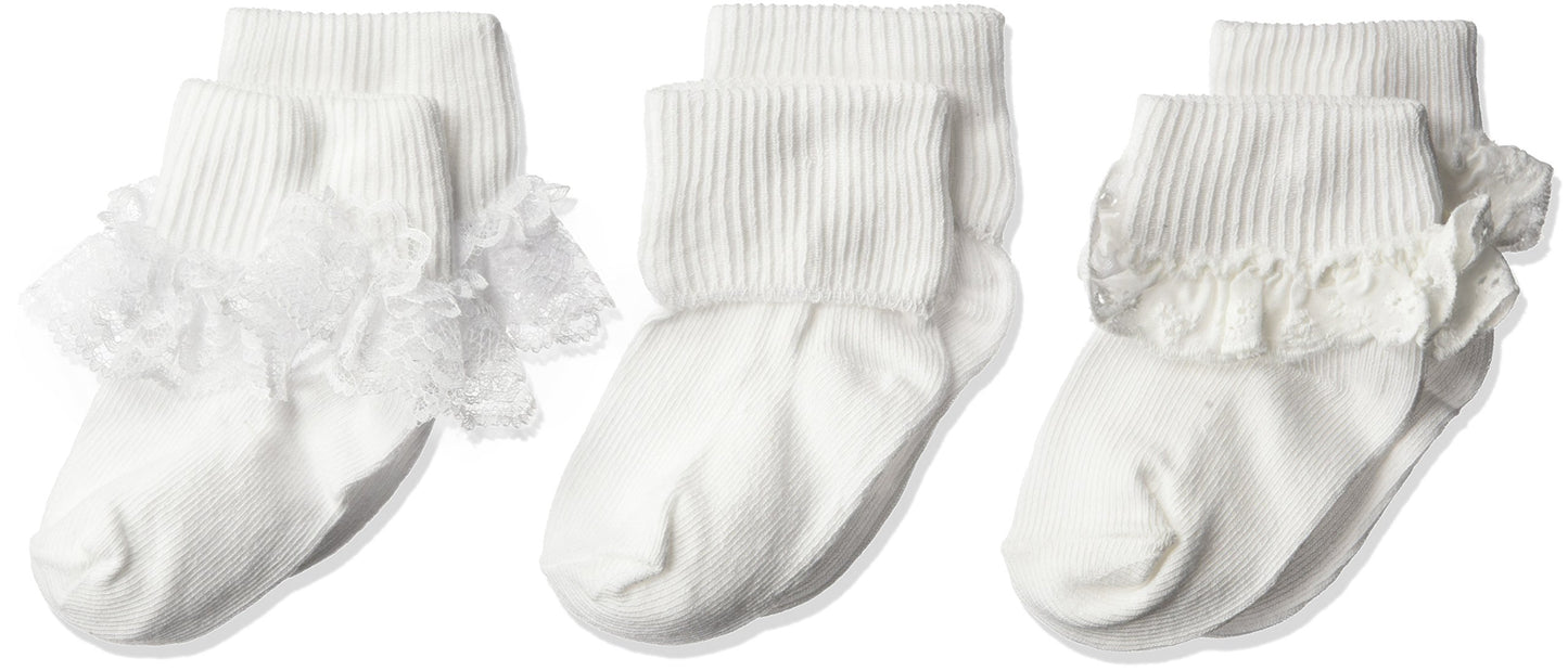 Jefferies Socks Baby Girls Eyelet Lace/Turn Cuff/Fancy Lace 3 Pack Socks, White, 0-3 Months Us