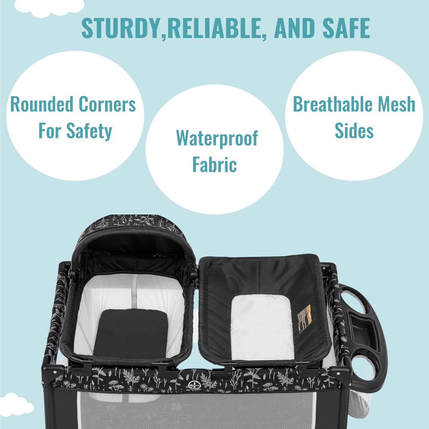 Dream On Me Emily Rose Deluxe Playard In Black And White With Infant Bassinet And Changing Tray, Lightweight Portable And Conver