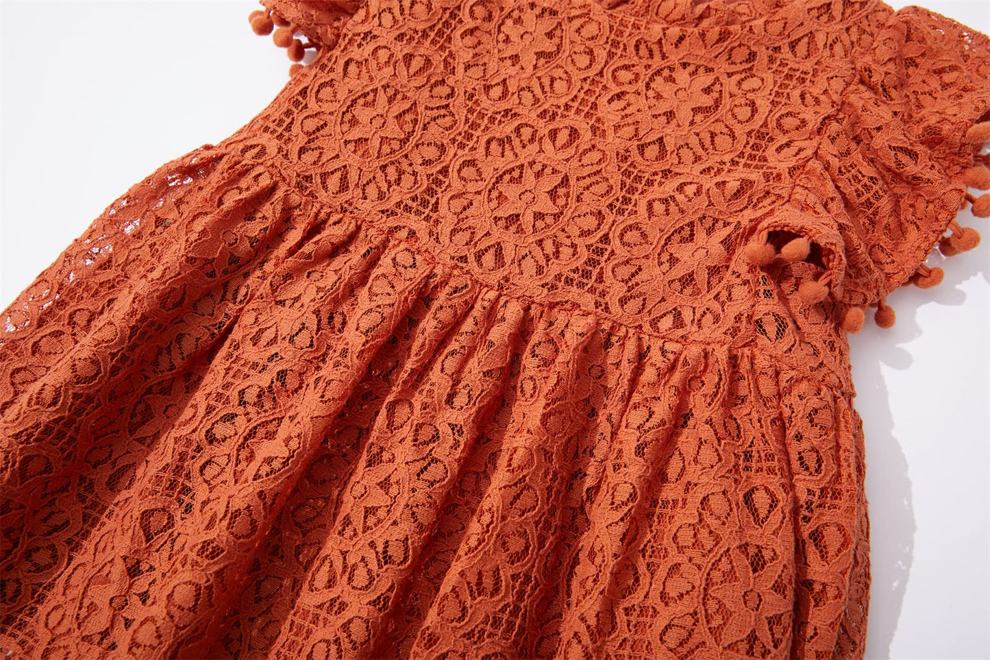 Niyage Toddler Girls Elegant Lace Pom Pom Flutter Sleeve Party Princess Dress Brick Red 120