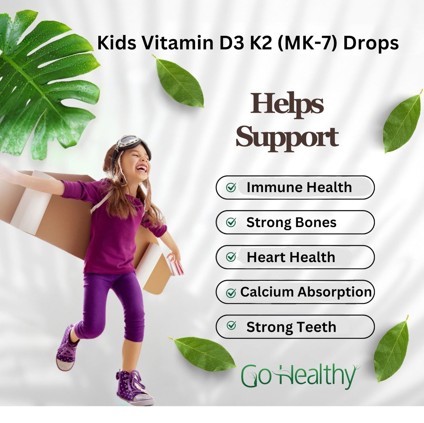 Go Healthy Vitamin D3 K2 (Mk-7) All-Trans Drops For Kids - Easy-To-Absorb Vegan D Liquid, Children'S Growth & Immune Support, Gl