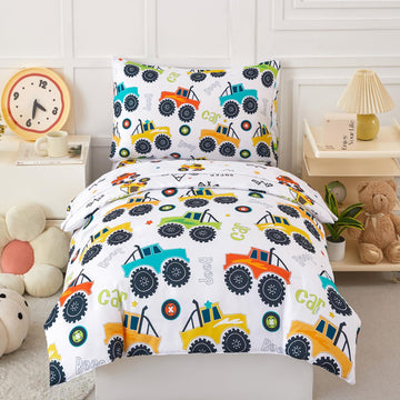 Perfemet 4-Piece Toddler Bedding Set - Colorful Car Printed Toddler Comforter Set For Boys, Reversible Fluffy Toddler Bed Set Fo