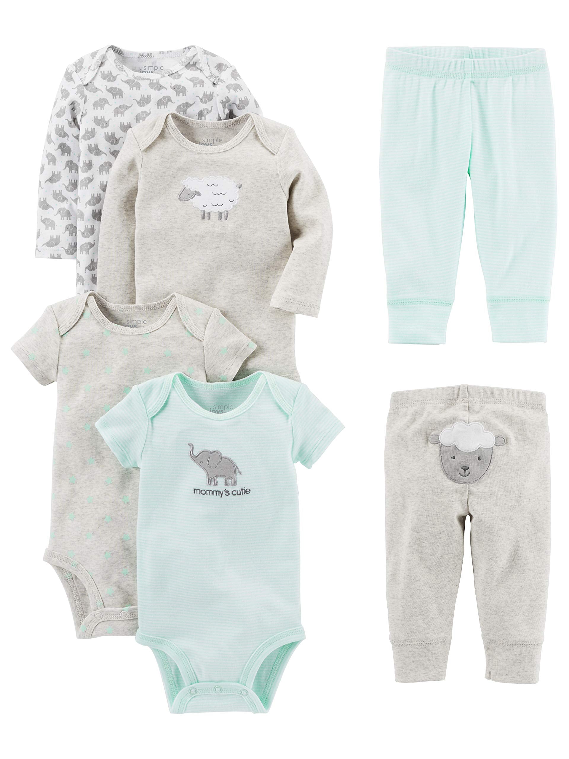 Simple Joys by Carters Unisex Babies 6-Piece Bodysuits (Short and Long Sleeve) and Pants Set, Grey/Mint Green/Elephant/Lamb, 3