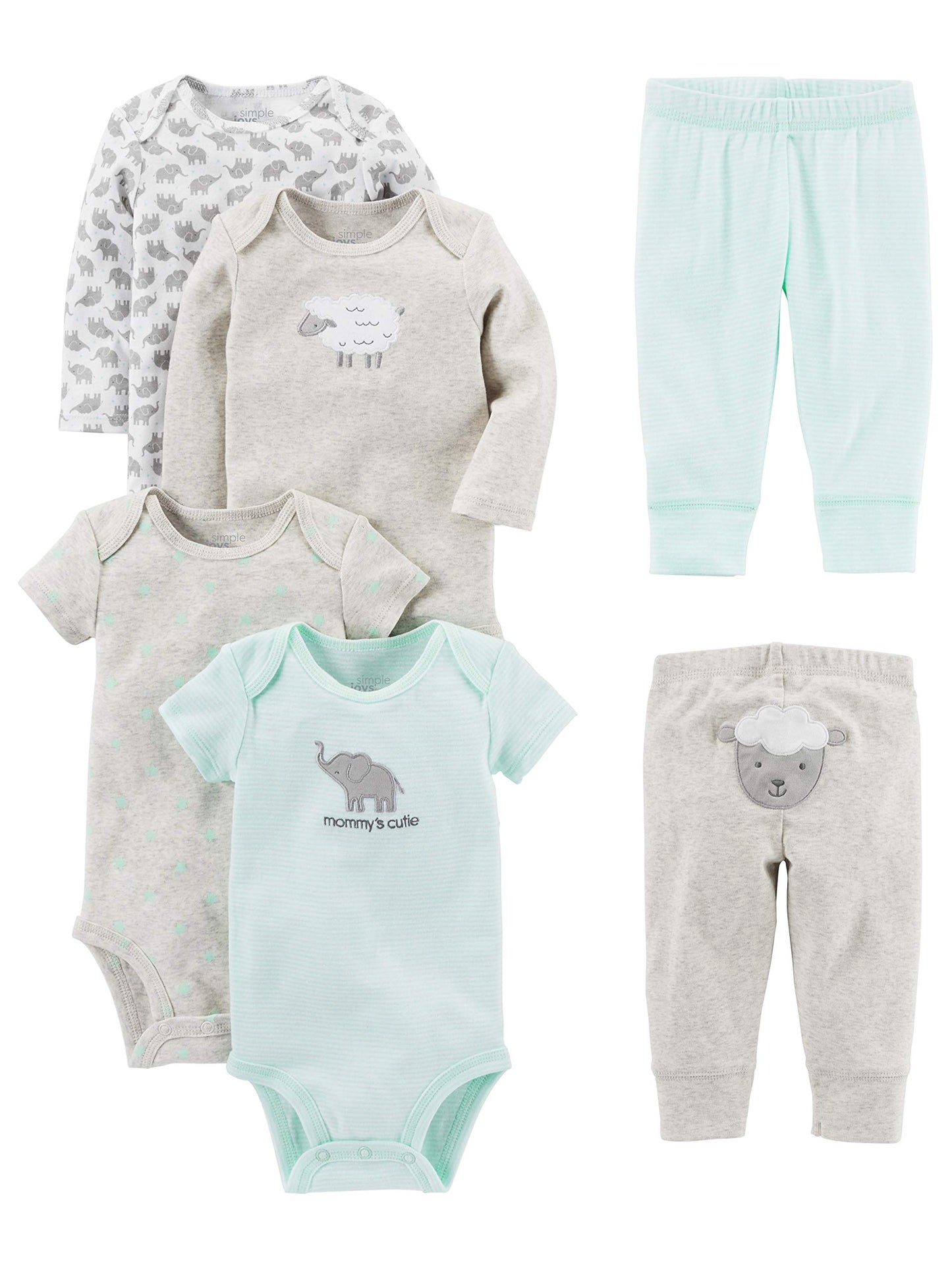 Simple Joys Kids 6 piece Little Character sets Sleepwear, Grey Lamb, 6-9 Months
