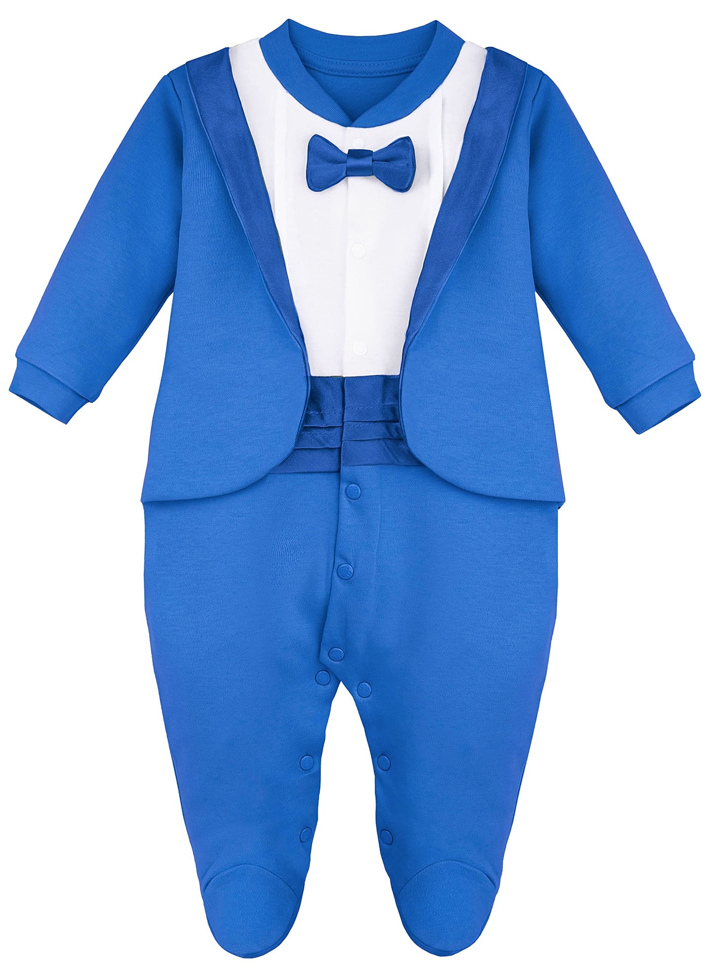 Lilax Baby Boy Gentleman Tuxedo Footie Christmas Holiday Outfit With Bow Tie (6 Months, Royal Blue)