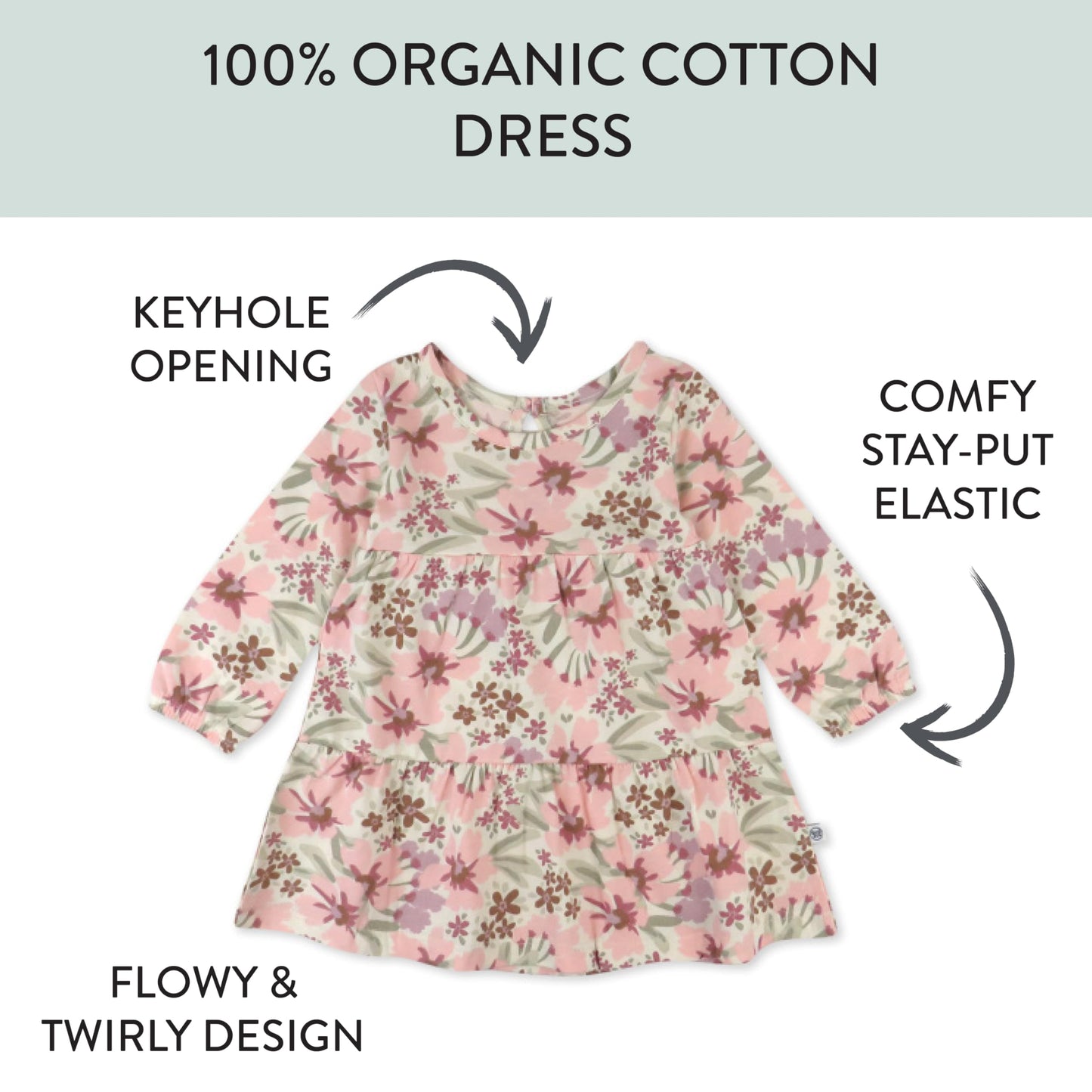 Honestbaby Long Sleeve Tiered Dress,Girl,Painted Floral Pink,6-9 Months